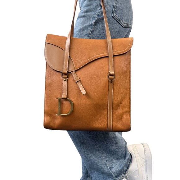 Christian Dior Vintage 2002 Logo Saddle Shoulder Tote Bag Camel Gold [106215] - Picture 3 of 15
